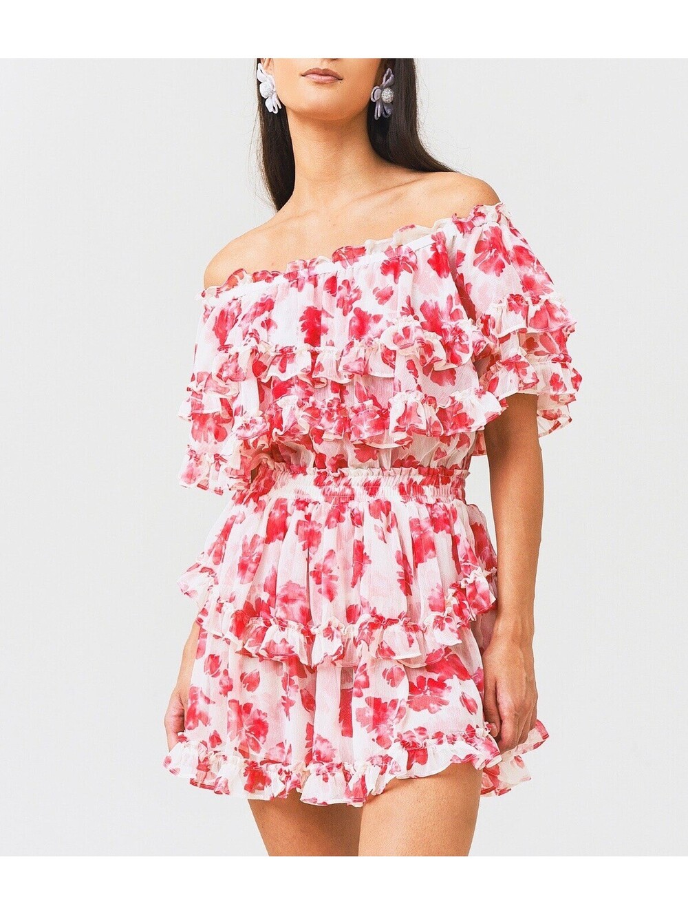 $375 MISA Los Angeles Pink Floral Off The Shoulder Ruffle Mini Dress Size LRG